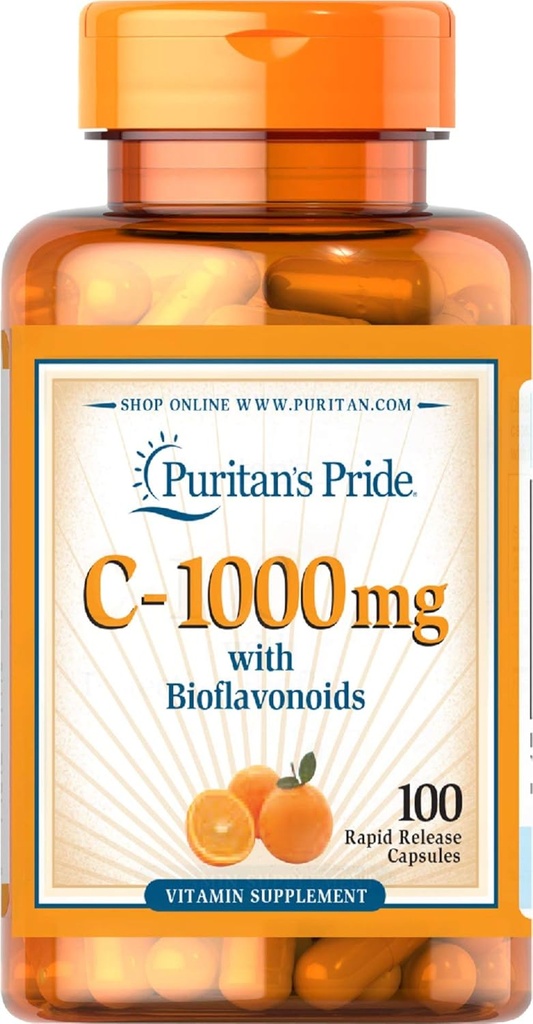 Puritan's Pride C with Bioflavonoids for Immune System Support & Skin Health Capsules | Sağlıklı Supplement | Gluten Free | Vegetarian Vitamin Supplement - 100 Count