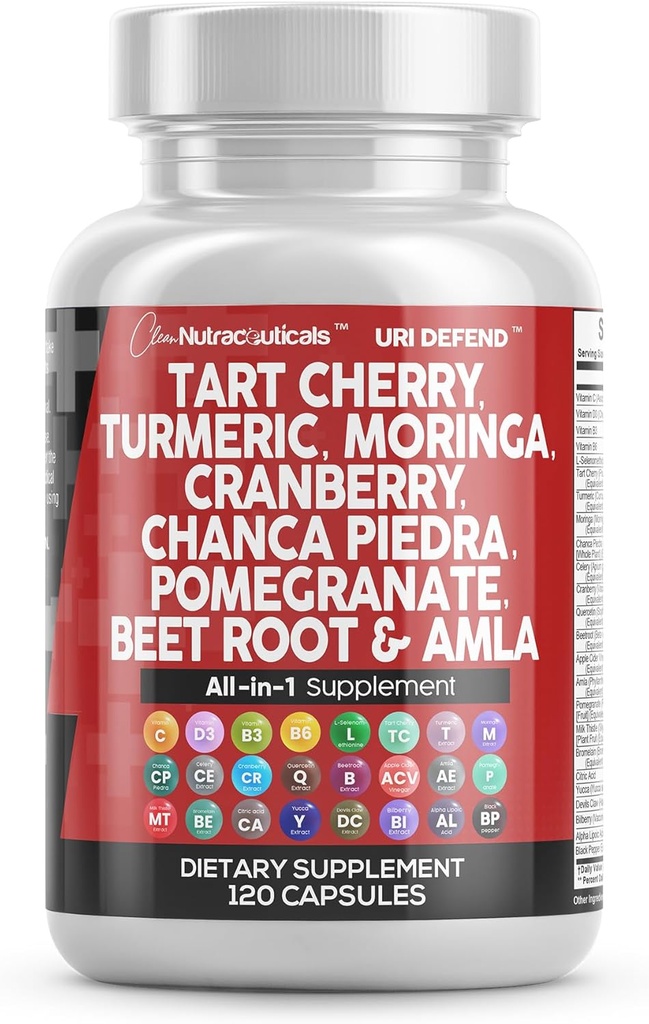 Temiz Nutraceuticals Tart Cherry Extract Capsules with Turmeric Moringa Cranberry Chanca Piedra Celery Quercetin ACV Pomegranate L Selenomethionine - Uric Levels - 120 Ctt