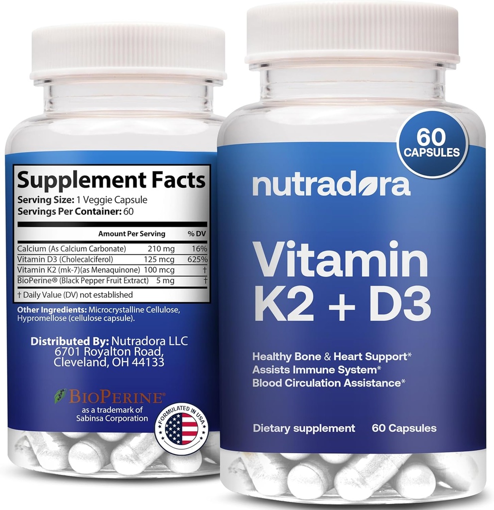 D3 Erkekler ve Kadınlar için K2 Capsules - K2 D3 Sağlıklı Kalp ve Kemik Desteği için Tamam, Immune System & Blood Circulation Assistance, Formula ABD, 60 Veggie Capsules