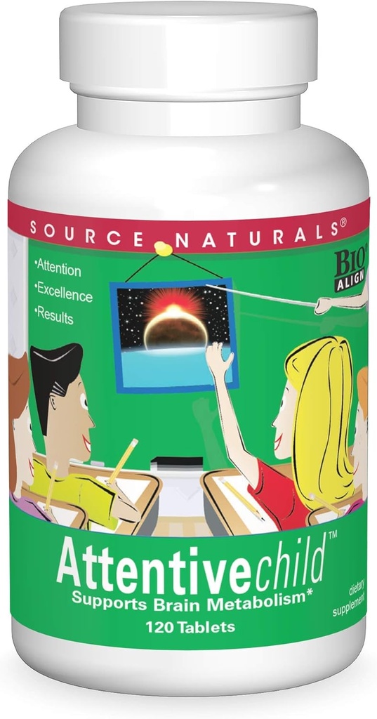 Source Naturals Attentive Child - Aktif Çocuklar için Sağlıklı Bilişsel Beslenmeler - DMAE, Magnezyum, çinko & Grape Tohum Takması - 120 Tablet