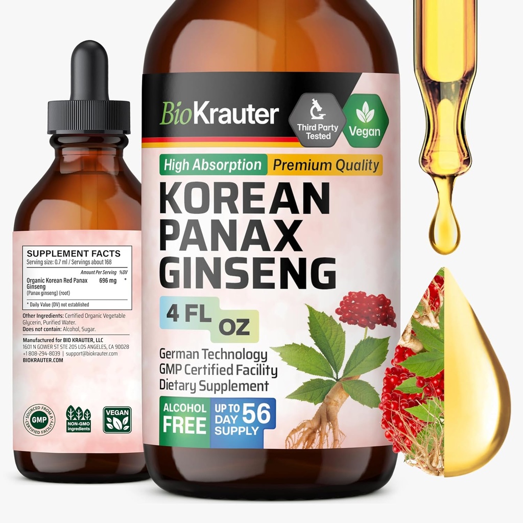 BIO KRAUTER Korean Red Ginsengi - Alkol & Sugar Free Panax BTC Supplement - Vegan Immune Support Supplement - 4 Fl. Oz.
