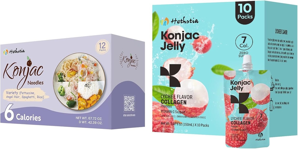 Hethstia Konjac Jelly Lychee Flavor with Collagen Peptides 10 Packs and Konjac Noodles Variety Gluten Free 12 Packs Low Calorie, Keto, Sugar Free, Healthy Food