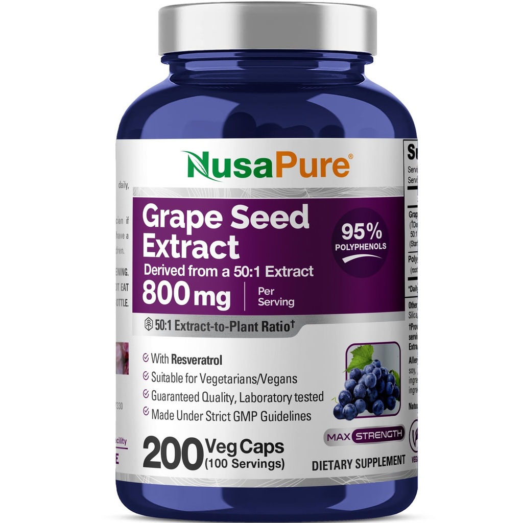 Εκχύλισμα σπόρων σταφυλιών NusaPure 40.000mg ανά καψάκιο, 200 κάψουλες Vegan, τυποποιημένο, μη ΓΤΟ, χωρίς γλουτένη, ρεσβερατρόλη
