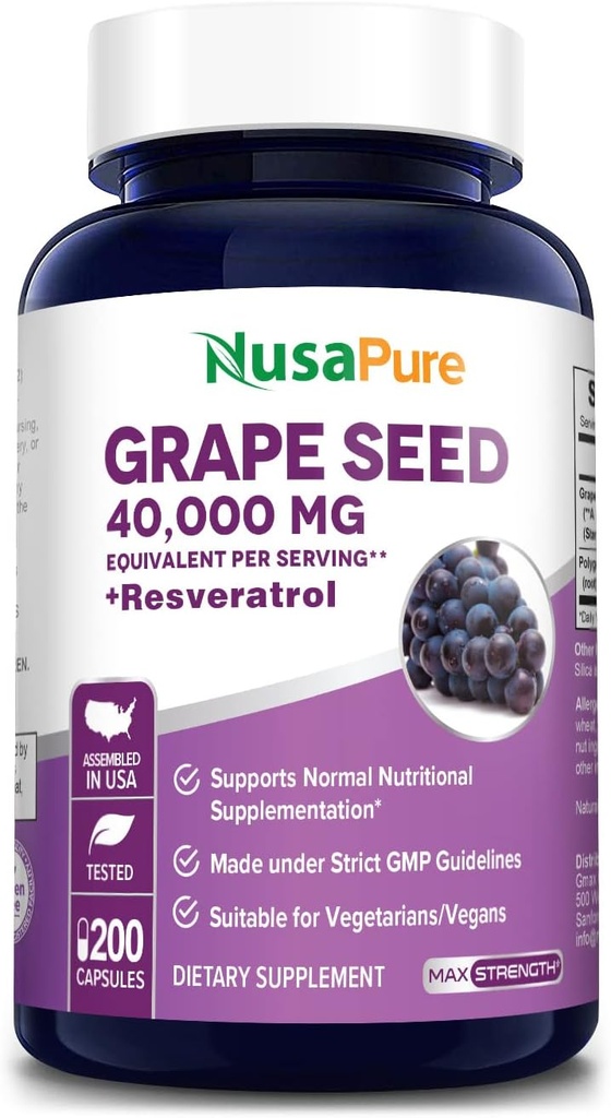 NusaPure Grape Tohumlamaları Caps, 200 Vegan Capsules, Standardized, Non-GMO, Gluten Free, Resveratrol