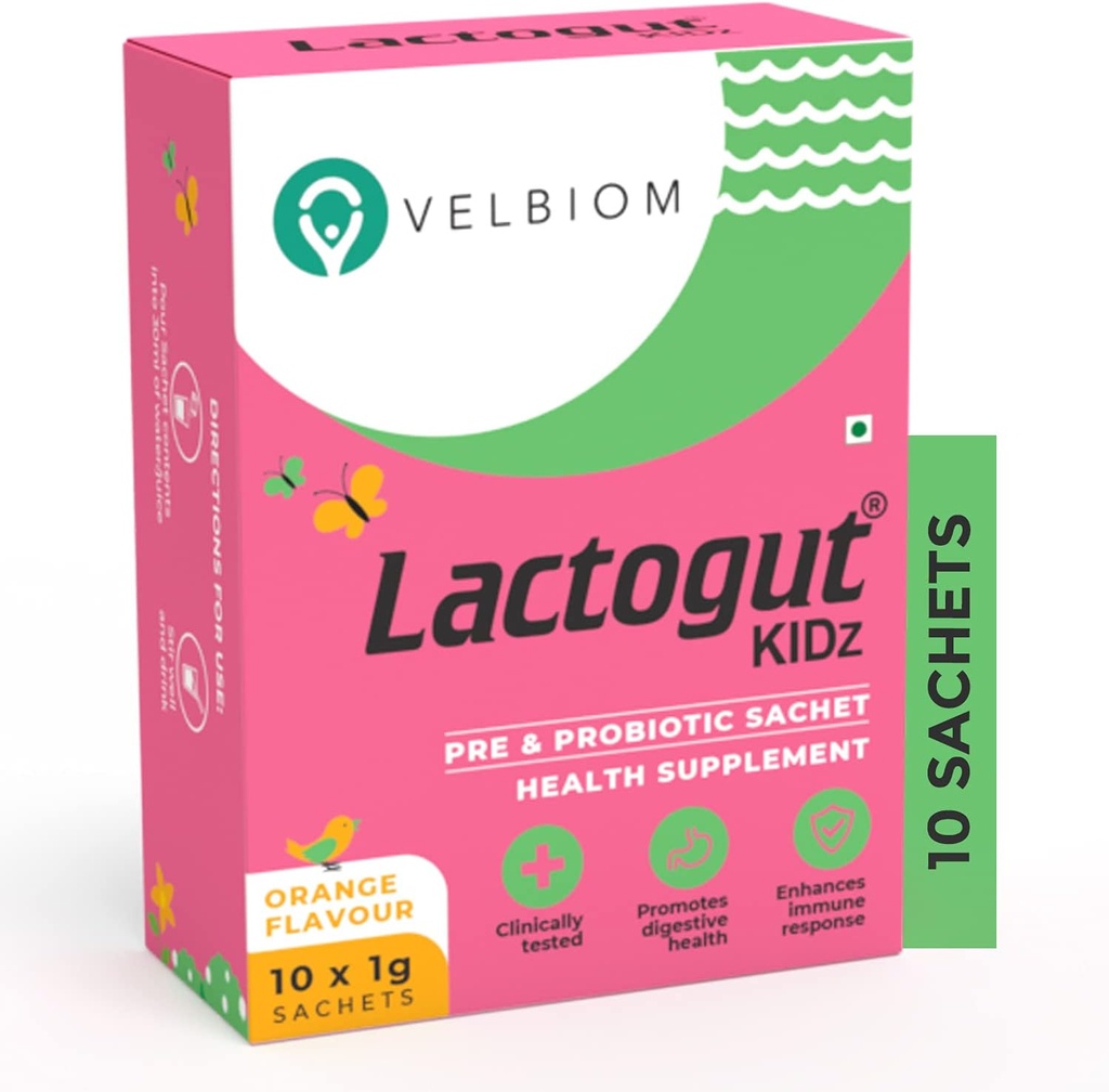 Lactogut Kidz Probiyotiks Toz for Kids Easy to Consume Probiyotiks for Children Gut Health, Genel Wellness ve Immunity Vegan Klinik Olarak Proven - 1Gx10 Sachets (Orange Flavour)