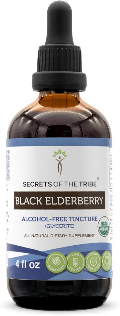 Tribe Black Elderberry Alkol-Free Tincture (Glycerite) 680 mg USDA Organik Black Elderberry (Sambucus Nigra) 4 Fl Oz) Immune Support Supplement