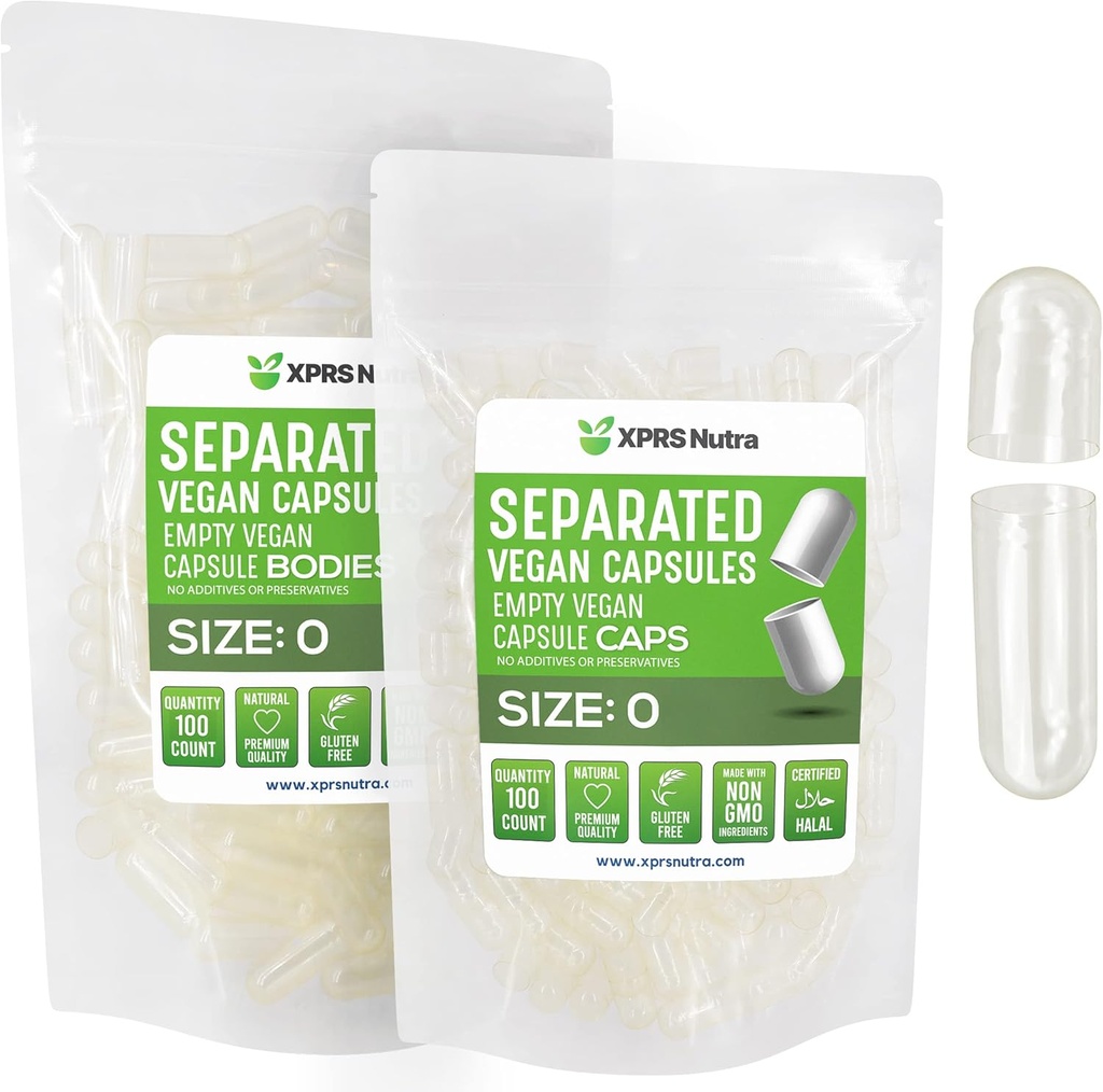 XPRS Nutra Vegan Μέγεθος 0 Ξεχωριστές κάψουλες - 100 Clear Premium Εκκαθάριση κάψουλες χωρίζονται σε τσάντες - Χάπια για συμπλήρωση συμπληρώματος DIY