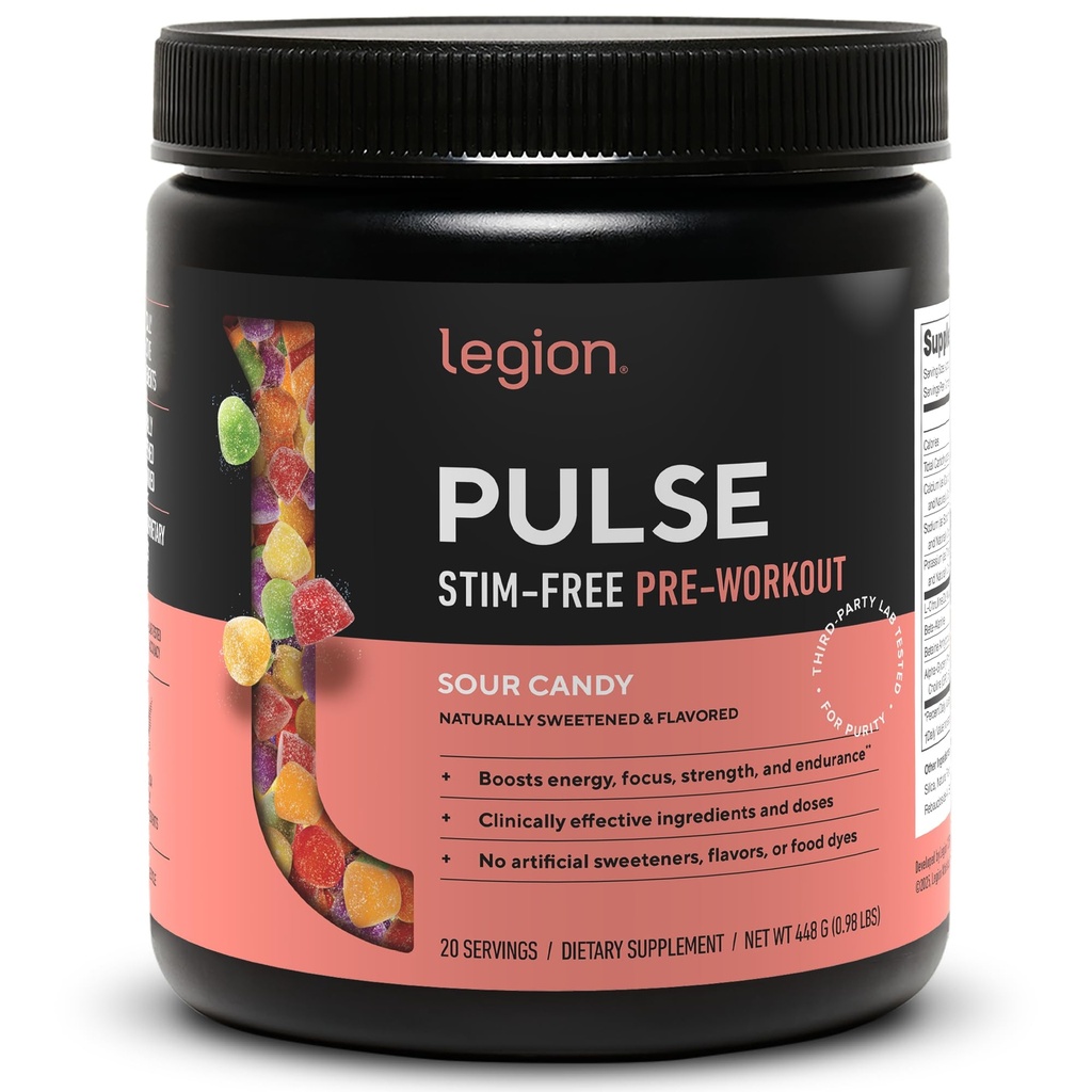 LEGION Pulse Pre Workout Supplement - All Natural Nitrik Oksit Preworkout Drink to Boost Energy, Kretine Free, Doğal olarak Sweetized, Beta Alanine, Citrulline, Alpha GPC (Caffeine Free Sour Candy)