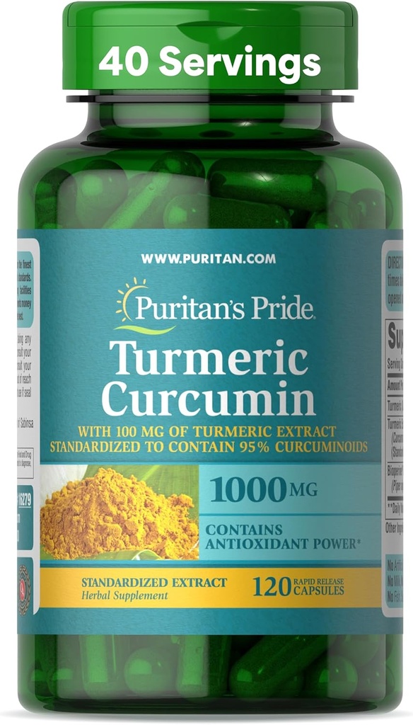Puritan's Pride Turmeric Curcumin 1000 mg, 95 Cucuminoids'e ayak uydurulmuş, Antioksit Sağlığı için Herbal Diyetsel Supplement, 120 Hızlı Yayın Kapsülleri