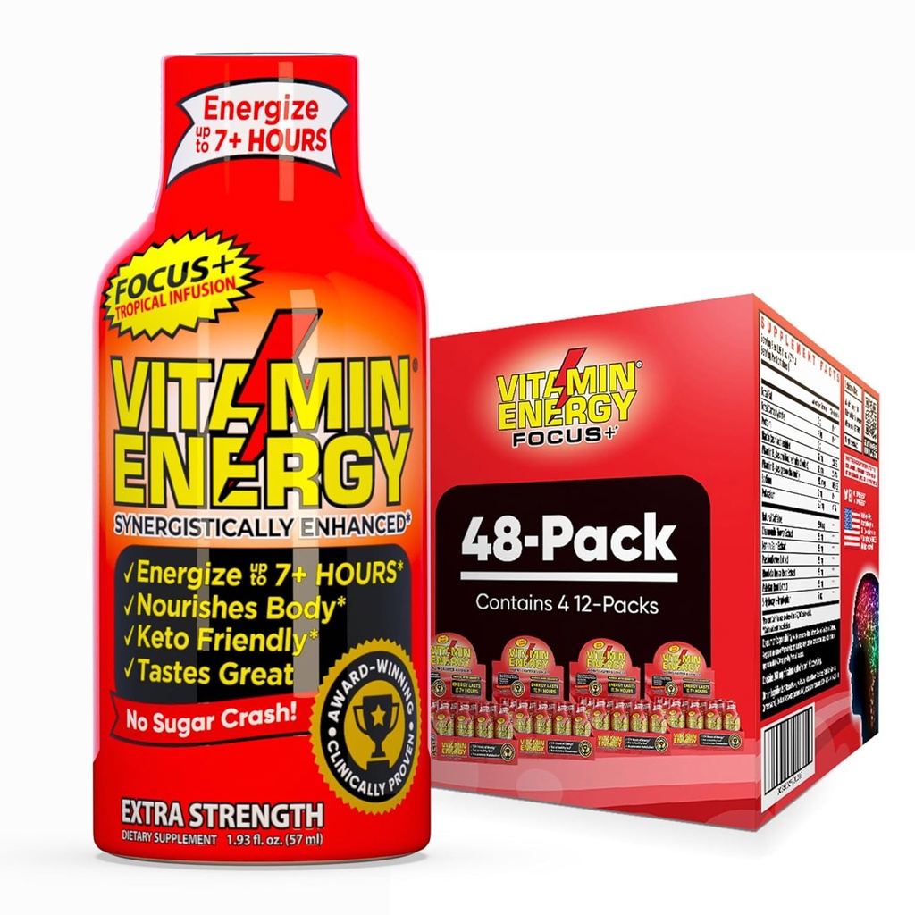 Enerji Focus+ Ekstra Güçlü Enerji Shot Trofüzyon 48 Paketi, 260 mg Doğal Caffeine, B-Vitamins, CoQ10, Amino Asits, Focus, Verimlilik & Clarity, Zero Sugar, Gluten-Free, 1.93 fl oz