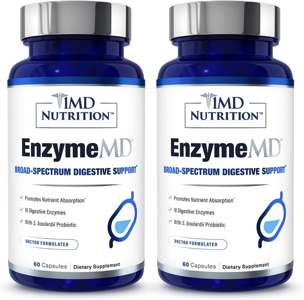 1MD Beslenme EnzymeMD - Digestive Enzymes Supplement - Doktor Formulated | 18 Plant-Based Enzymes - Gas & Bloating Support | 120 Capsules (2-Pack)