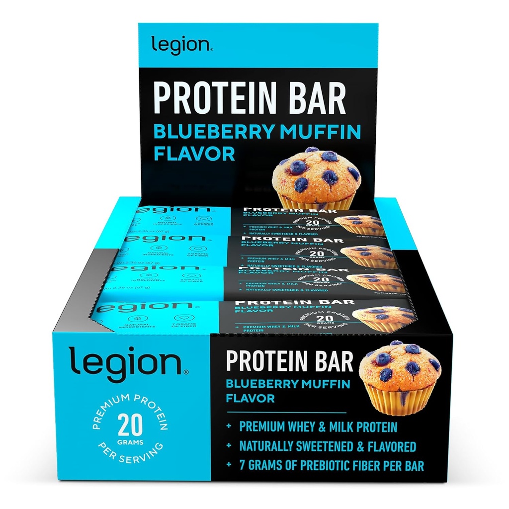 Legion protein Bar Blueberry Muffin -% 100 Whey proteini, Soy Free protein Bars with Prebiyotik Fiber - Low Fat Sağlıklı Protein Bar - Gluten Free, Doğal Flavored, Low Sugar Protein Bars (12 Count)