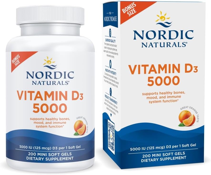 Nordic Naturals Vitamin D3 5000, Orange - 200 Mini Soft Gels - Sağlıklı Bones, Mood, & Immune System - Vegetarian - Non-GMO - 200 Hizmet