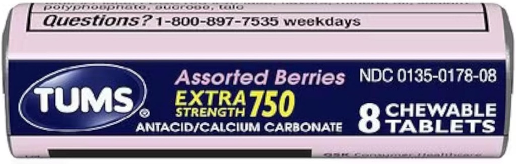 Tums Extra Strength 750 Antacid with Calcium Supplement Ασβέστιο Πλούσιοι Ποικίλες μούρες Γεύσεις - 24 Pocket Size Rolls of 8 Μασώμενα δισκία Κάθε ρολό (192 Μασώμενα δισκία Σύνολο)