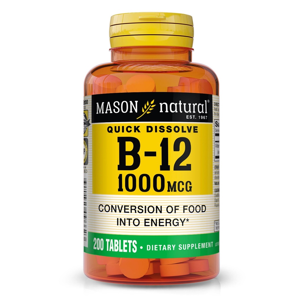 MASON NATURAL B12 1000 mcg fast Dissolve Tabletleri Gıdaların Enerjiye, 200 Gün Supply