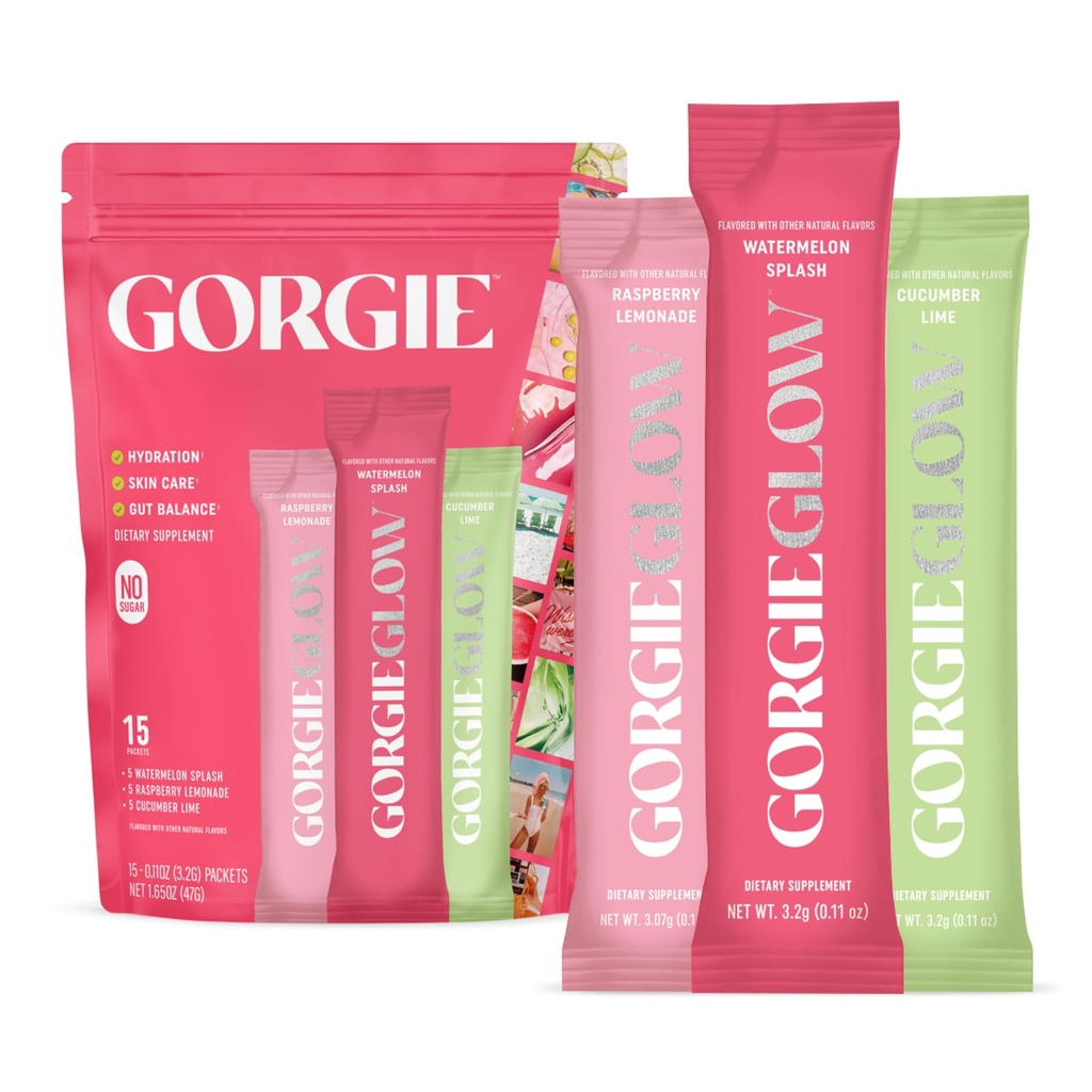 GORGIE Glow Diversity Pack 15 Sticks, Electrolyte Toz Sağlıklı İçecek Mix, w/Hyaluronik Asit, Aquamin, C & D, Probiyotikler, No Sugar, Antioksis for Hydration, Skin Care ve Gut Balance
