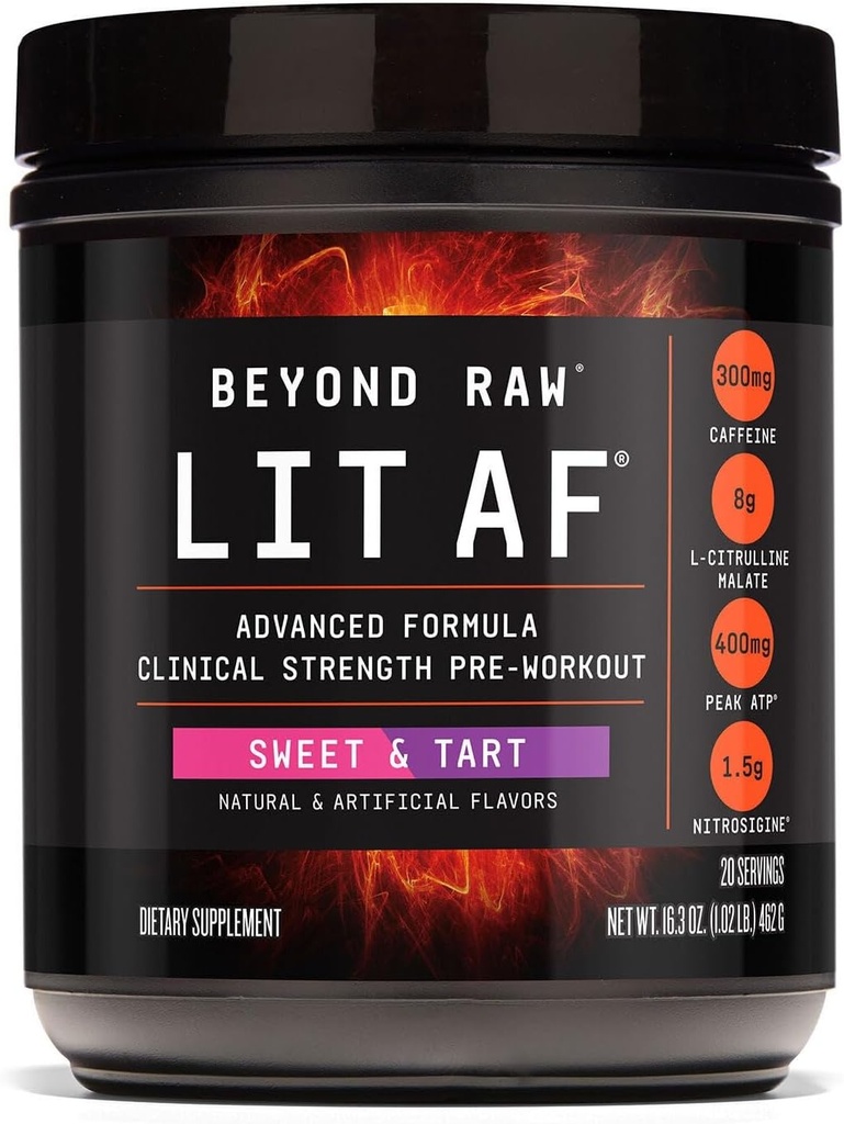 BEYOND RAW LIT Advanced Pre Workout Formula, Sweet and Tart, for Energy, Focus, Endurance, Pumps, with 300mg Rapid and Targeted Release Caffeine, Creatine, Betaine, Beta Alanine, Taurine, 20 Services