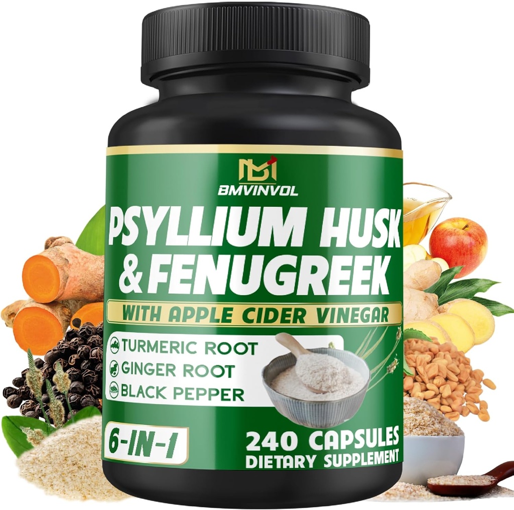 BMVINVOL Psyllium Husk Fiber Supplement with Fenugreek, Apple Cider Vinegar, Turmeric, Ginger, Black Pepper-Digestion Health Support - 240 Κάψουλες