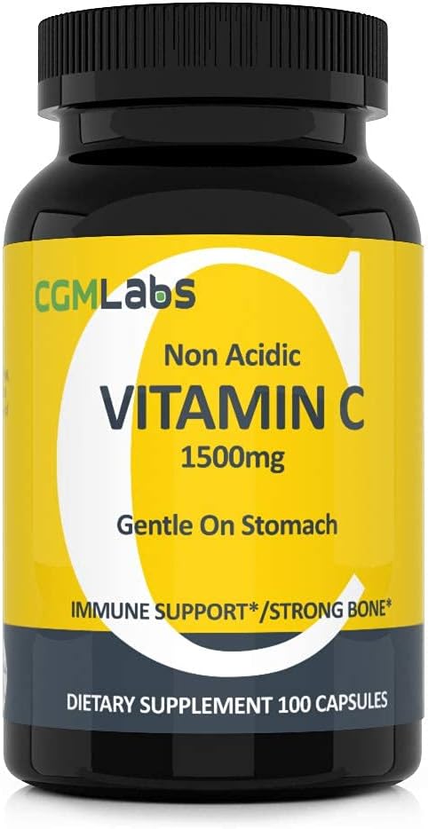 Non Acidic Vitamin C Dietary Supplement 1500mg with Calcium. Gentle on Stomach, Immune/Bone Support- 100 Caps by CGM Labs