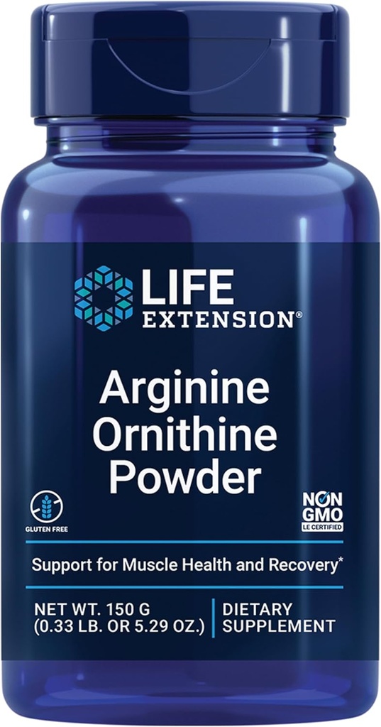 Life Extension Arginine Ornithine Toz, Kas Health & Recovery, Gluten Free, Non-GMO, net Kilo 150 Grams