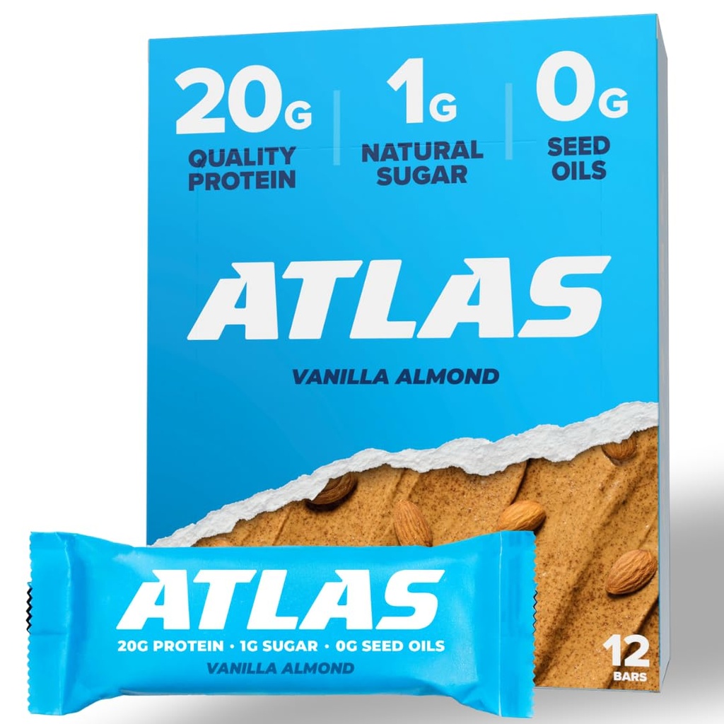 Atlas Protein Bar, 20g Protein, 1g Sugar, Clean Malzemeler, Gluten Free, Vanilla Almond (12 Kont, 1)