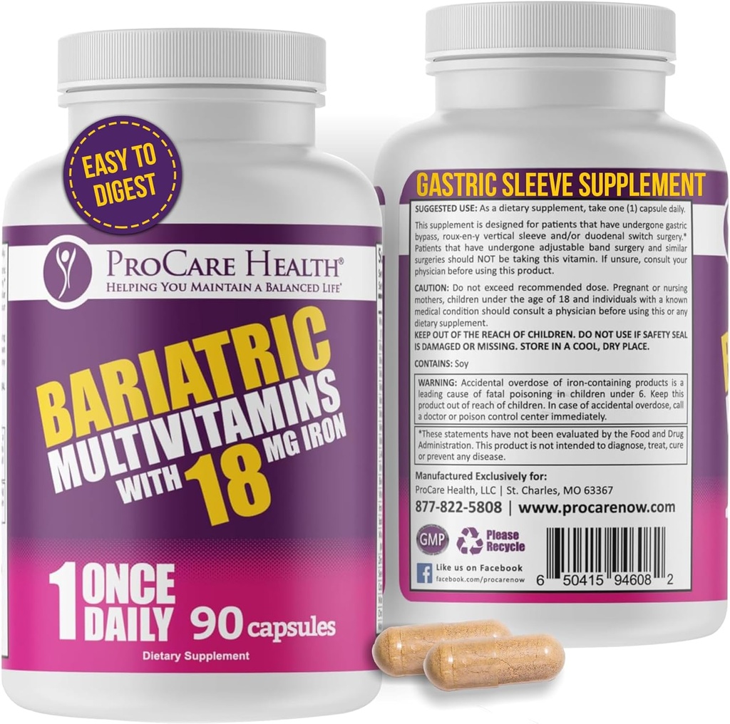 ProCare Health Bariatric Multivitamin with Iron 18 mg (03 Ay Supply) - Gastrik Bypass Bariatrik Cerrahi Hastaları için Post-Op Bariatrik Vitaminleri, Destekler Kurtarma (90 Easy to Swallow Capsules)