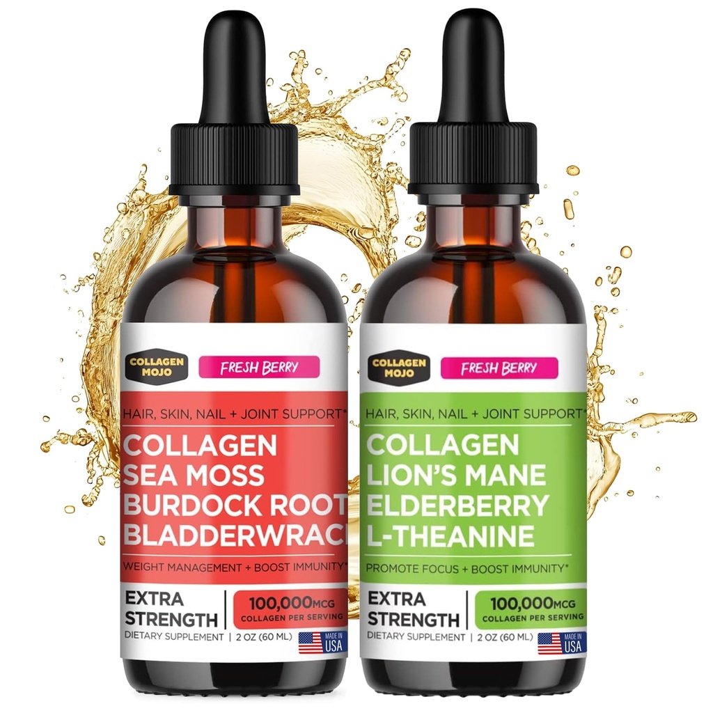 Sea Moss ile Collagen Mojo Liquid Collagen,, Burdock Root & Bladderwrack + Sıvı Collagen,, Lions Mane Mushroom, Elderberry & L-Theanine