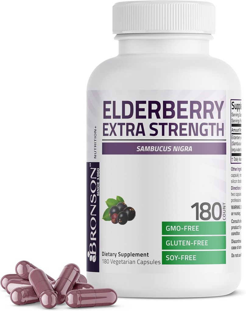 Bronson Elderberry Επιπλέον δύναμη, υποστηρίζει υγιές ανοσοποιητικό σύστημα & αντιοξειδωτική προστασία, μη ΓΤΟ, 180 κάψουλες χορτοφάγων