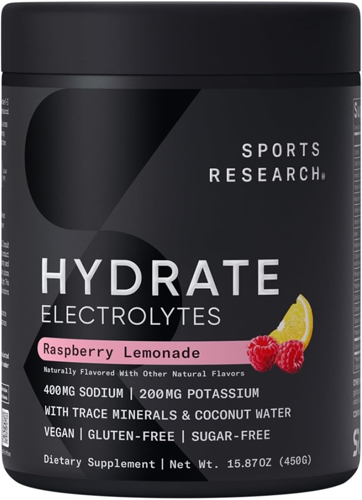 Sports Research® Hydrate Electrolytes Toz - Sugar-Free & Natural Flavored with Vitamins, Minerals, and Coconut Water - Destekler Hydration - Raspberry Lemonade - 90 Hizmetler