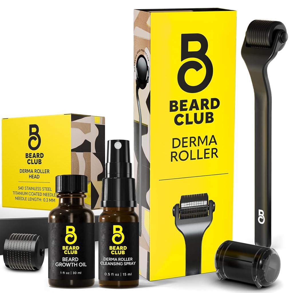 The Beard Club Derma Roller, Beard Growth Oil, Clensing Spray & Replacement Head - Microneedling Roller με 540 Titanium microneedles για το πρόσωπο, το σώμα και Scalp - Beard Roller με Sandalwood Beard Oil