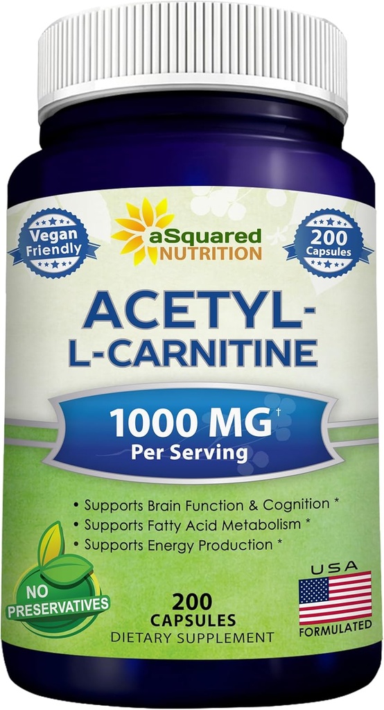ASquared Beslenme Acetyl L-Carnitine 1000 mg Max Strength - 200 Veggie Capsules - Yüksek Dosage Acetyl L Carnitine HCL (ALCAR) Tamam Pills Saf Enerjiyi Desteklemek için, Beyin Fonksiyonu & Fatty Asit