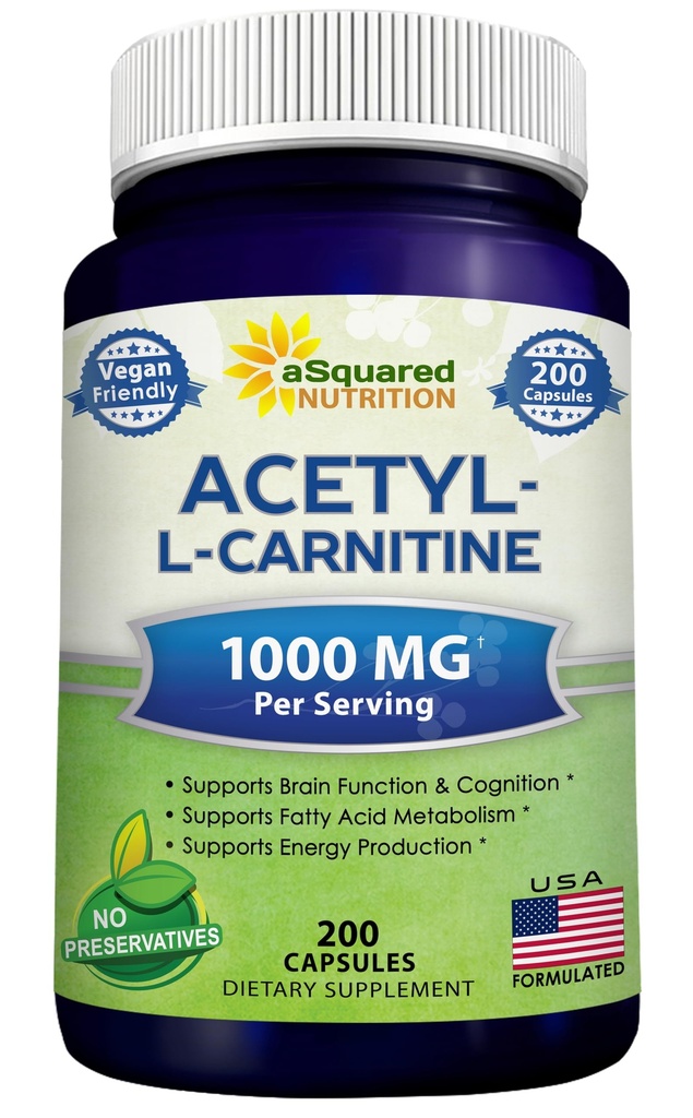 aSquared Nutrition Acetyl L-Καρνιτίνη 1000mg Μέγιστη δύναμη - 200 κάψουλες λαχανικά - Υψηλή δοσολογία Acetyl L Carnitine HCL (ALCAR) χάπια συμπλήρωμα για την υποστήριξη της καθαρής ενέργειας, λειτουργία του εγκεφάλου και του λίπους οξέος