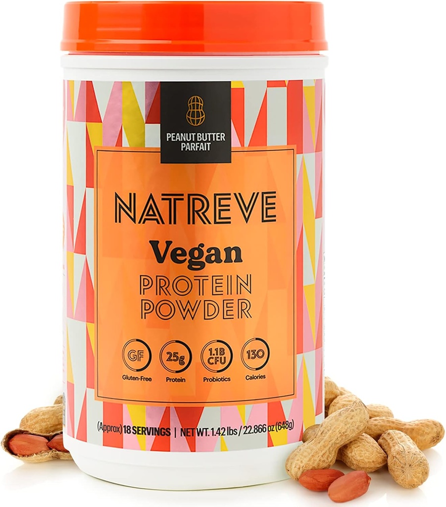 Natreve Vegan Protein Tozu - Probiyotikler ve Amino Asitler ile 25g Plant bazlı Protein Tozu - Gluten Free Peanut Butter Parfait, 18 Hizmet