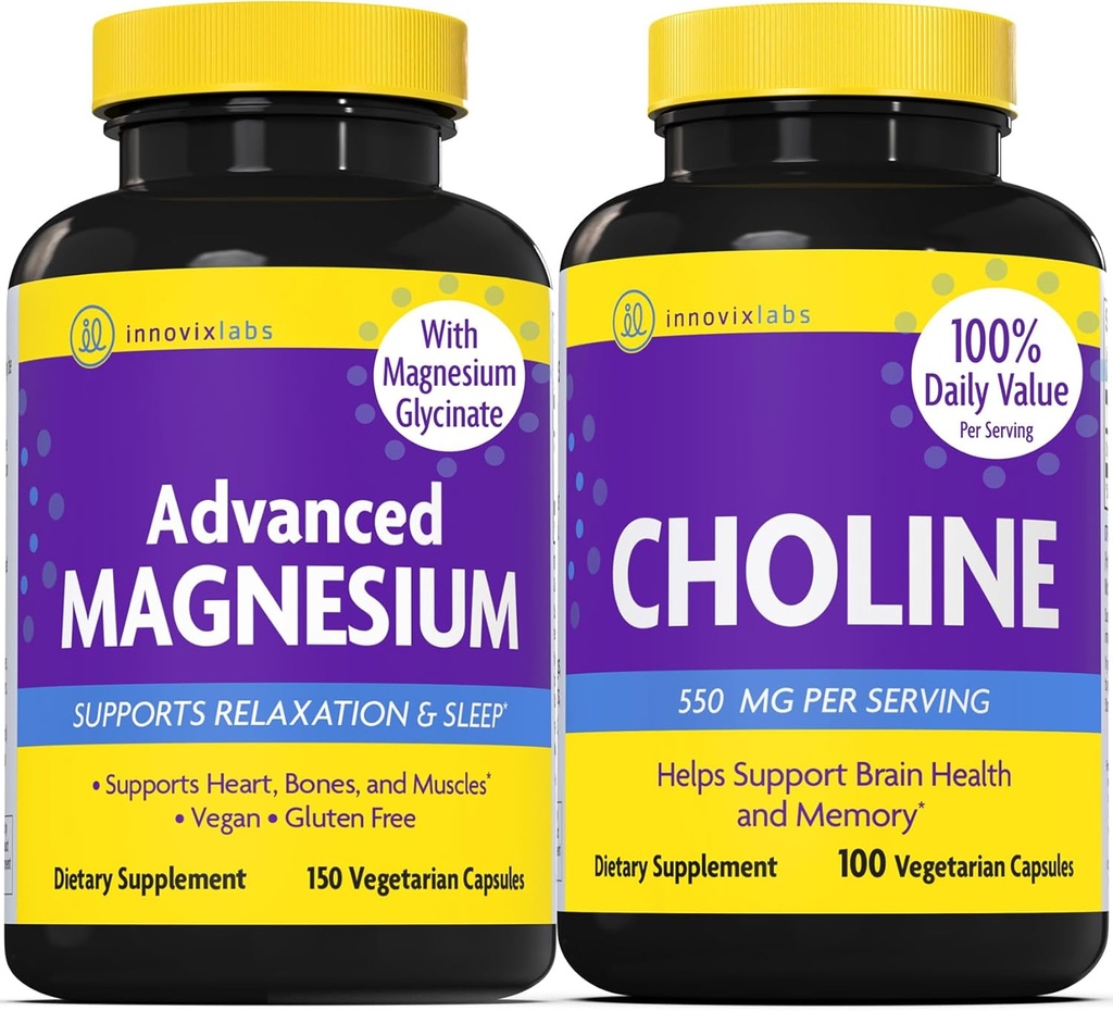 InnovixLabs Choline & Magnesium Bundle Choline Bitartrate 550mg (100 κάψουλες) Προηγμένο μαγνήσιο (150 κάψουλες). Υποστηρίζει τη μνήμη, Mood, Brain Health & Boost Γνωστική.*