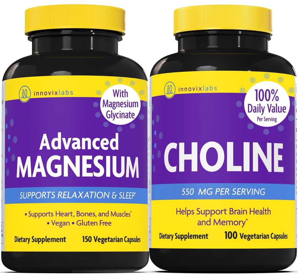 InnovixLabs Choline & Magnesium Bundle Choline Bitartrate 550mg (100 κάψουλες) Προηγμένο μαγνήσιο (150 κάψουλες). Υποστηρίζει τη μνήμη, Mood, Brain Health & Boost Γνωστική.*