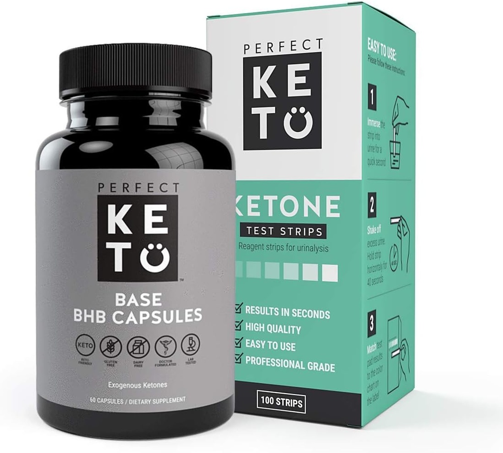 Perfect Keto Exogenous Ketones Base BHB Supplement (60 κάψουλες) - Κετογόνος Διατροφή Υποστήριξη Διαχείριση βάρους, Ενέργεια & Εστίαση - Κετόση Βήτα-Υδροξυβουτυρικό με (100 τμχ) Κετοστρώσεις Bundle