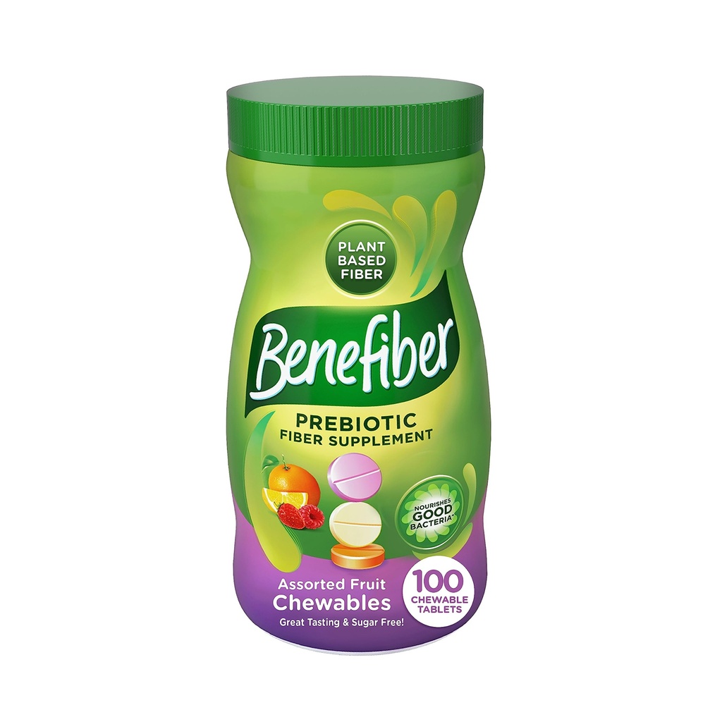 Beneiber Chewable Prebiotic Fiber Supplement Tablets for Digestive Health, Associated Fruit Flavors - 100 Count