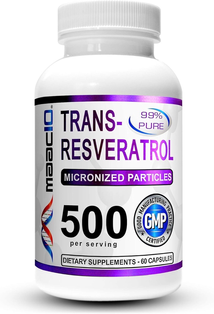 MAAC10 Trans Resveratrol 500 mg Supplement (Mily Farmasötik Sınıf% 99 Saf Trans-Resveratrol Ekstra Abhidrasyon için + BioPerine) (2X 250 mg Capsules 60ct)