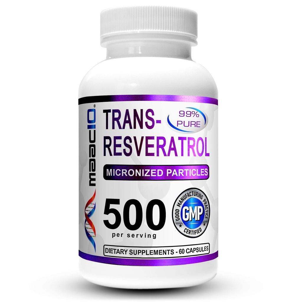 MAAC10 Trans Resveratrol 500 mg Supplement (Mily Farmasötik Sınıf% 99 Saf Trans-Resveratrol Ekstra Abhidrasyon için + BioPerine) (2X 250 mg Capsules 60ct)