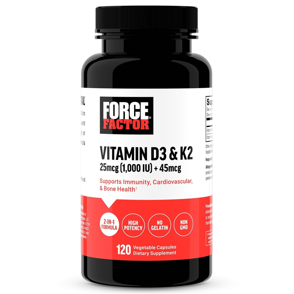 FORCE FACTOR Vitamin D3 K2 Immunity, Heart Health, Bone Support ve More, High-Potency 2in-1 Formula, Vegan, No Gelatin, Non-GMO, 120 Capsules