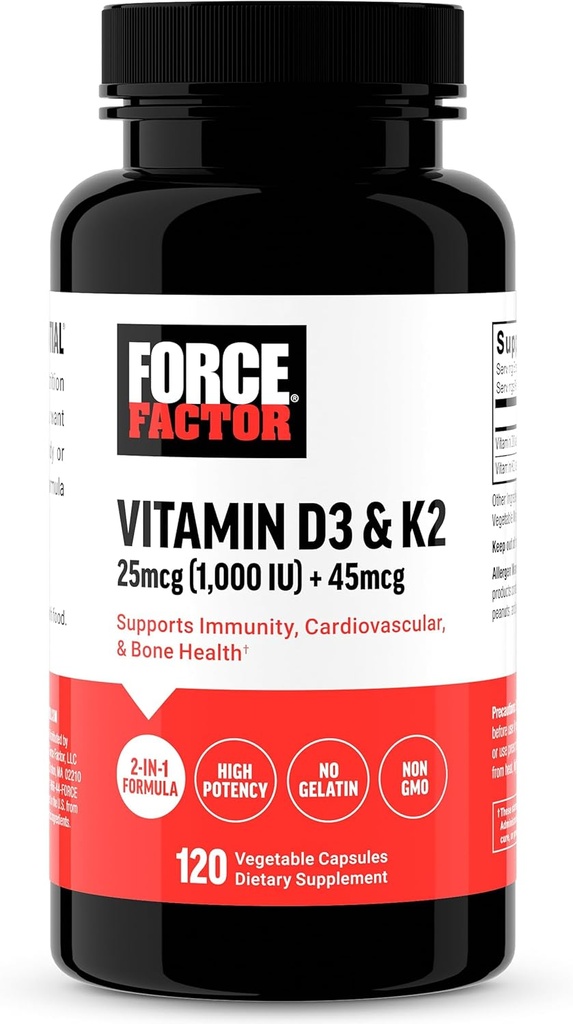 FORCE FACTOR Vitamin D3 K2 Immunity, Heart Health, Bone Support ve More, High-Potency 2in-1 Formula, Vegan, No Gelatin, Non-GMO, 120 Capsules