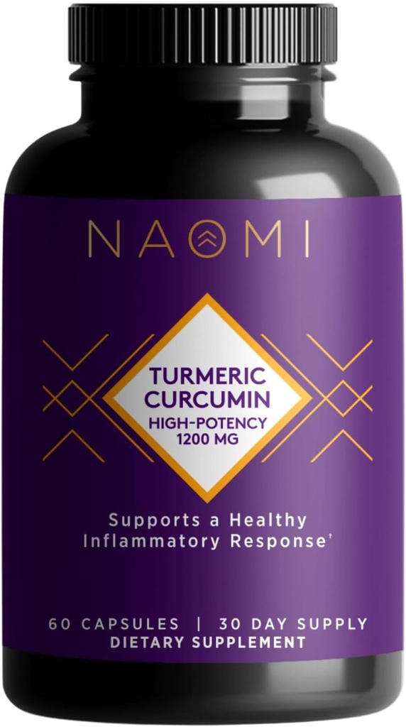 NAOMI Turmeric Curcumin High-Potency 1.200 mg, 95% Κουρκουμινοειδή & BioPerine Black Pepper Extract για την ενίσχυση της απορρόφησης έως 2000%, Extra-Stength Joint, Μύες, Υποστήριξη εγκεφάλου, 60 Caps, 30-Day Supply