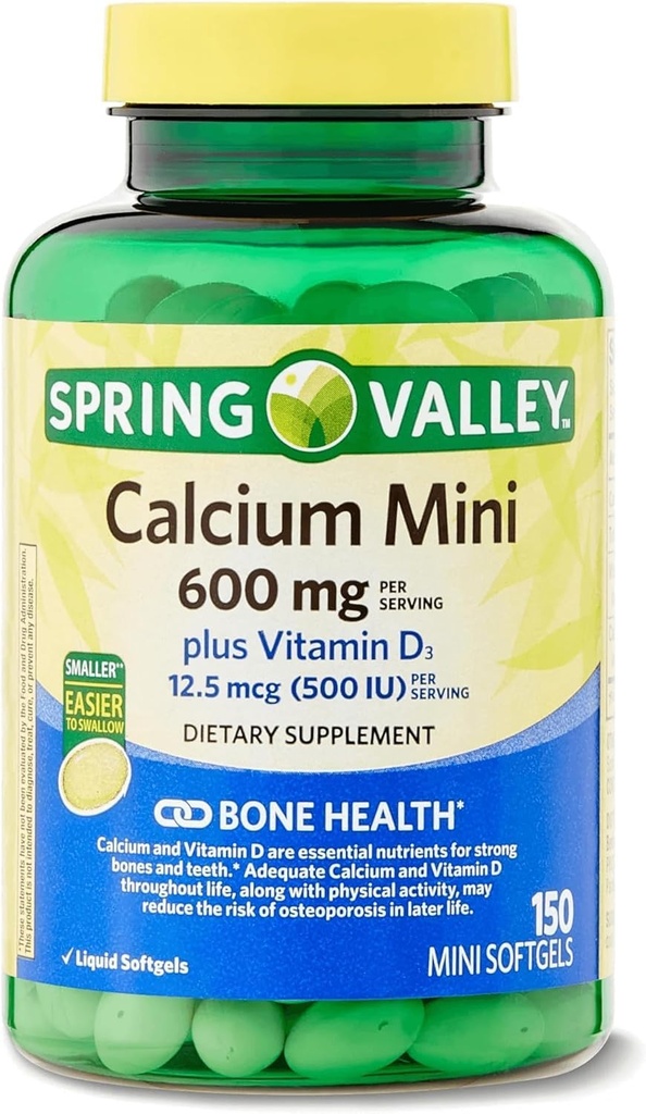 Spring Valleyuba Plus Vitamin D3 150 Mini Softgels | Kalsiyum Tamam | Mini yumuşakgels | Kalsiyum 600 mg ile d3 | Kalsiyum Karbonat 600 mg, 150 Mini Yumuşakgels +