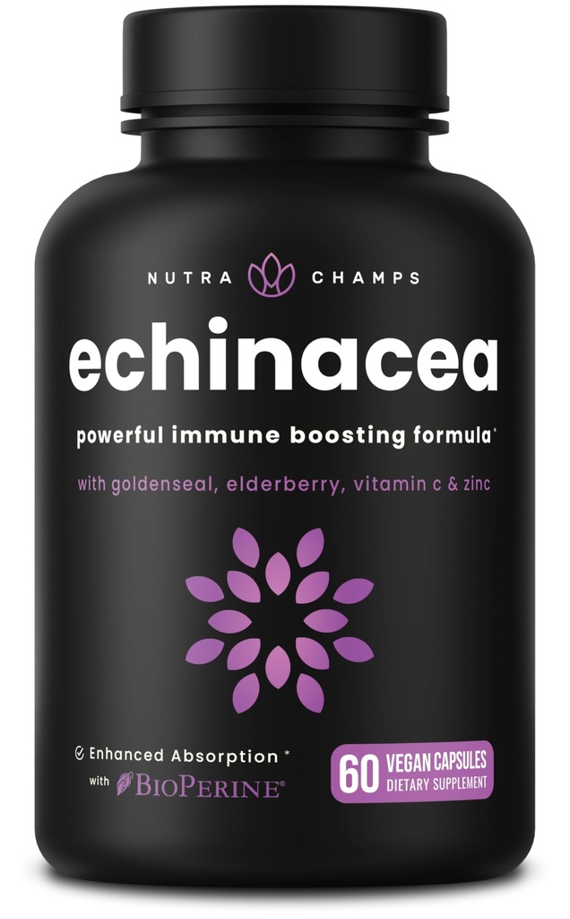 NutraChamps Echinacea Capsules 1000 mg - 8-in-1 Immune Support Supplement - Echinacea Goldenseal, C, çinko, Ginger, Elderberry - 60 Capsules