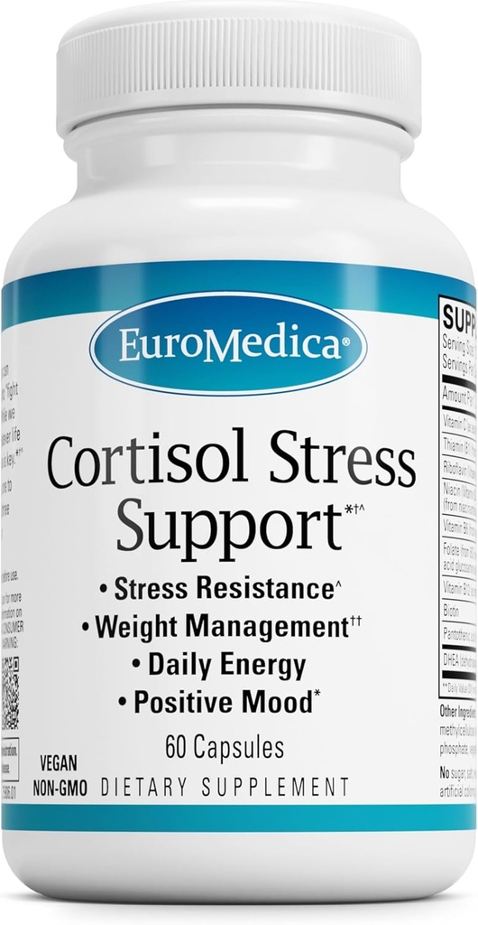 EuroMedica Cortisol Stress Support - Ημερήσιο συμπλήρωμα ενέργειας με κάψουλες DHEA - Vegan με βιταμίνη B2 & C - Συμπλήρωμα διατροφής για την υποστήριξη ανοσοποιητικού συστήματος - 60 κάψουλες