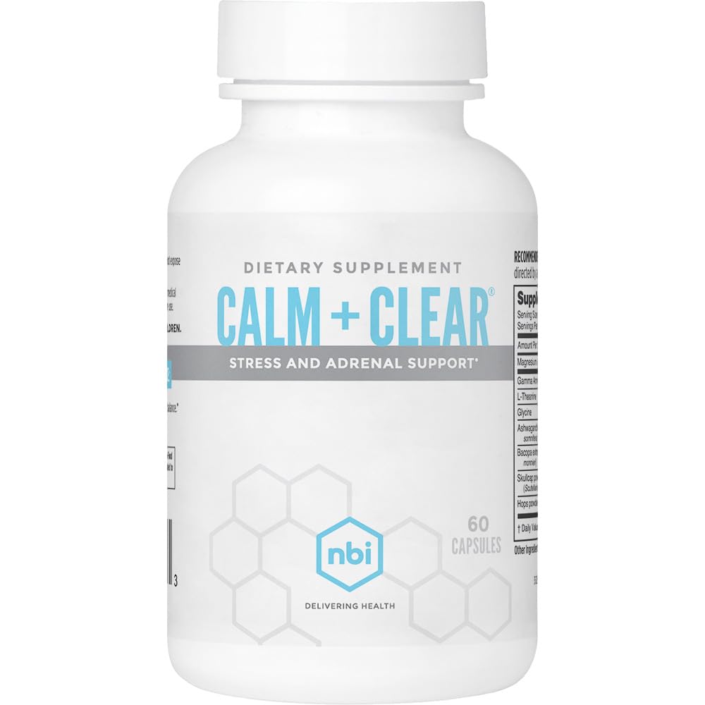 NBI Calm + Clear Mood ve Focus Support | Doğal Stres ve Adrenal Destek Magnezyum, GABA, Ashwagandha, L-Theanine, Glycine, Bacopa, Skullcap ve Hops Toz | 60 Kont Capsules