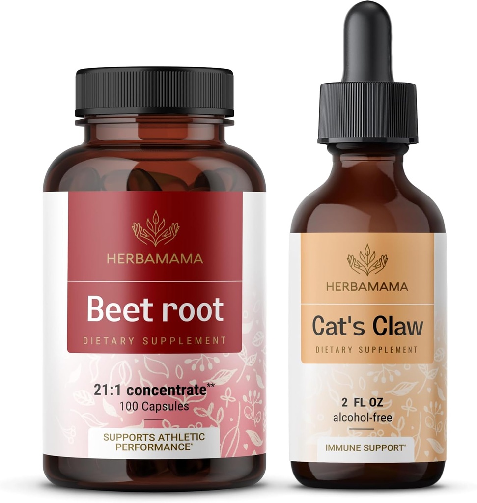 HERBAMAMA Beet Root and Cat's Claw Kit - Bundle of 21:1 Συμπυκνωμένο Beet Root and Cat's Claw Βάμμα 2 fl oz - Vegan, Non-GMO, Sugar & Alcohol-Free - 2 Pack