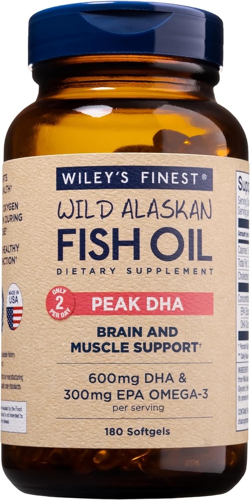 Wiley's Finest Wild Alaskan Fish Oil Peak DHA - 900 mg EPA ve DHA Omega-3s - 180 Softgels (90 hizmet)