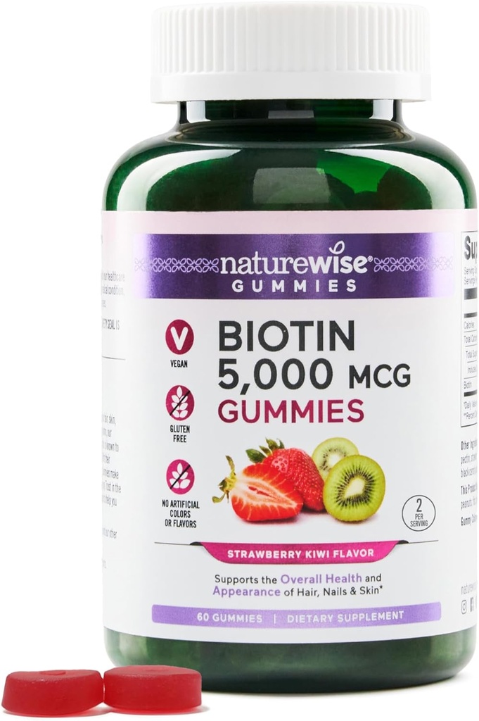 NatureWise Biotin Gummies - Sağlıklı Saçlar, Cilt ve Güçlü Çiçeği Destekler - B7 5000 Telefon - Doğal Güzellik - Strawberry-Kiwi Flavor - Vegan, Non-GMO, Gluten Free - 60 Count[30 Day Supply]