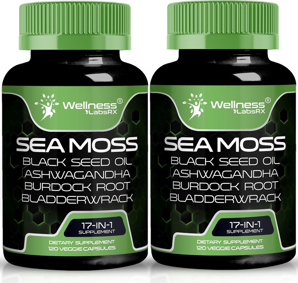İrlandalı Deniz Moss Capsules, 17-in-1, Seamoss Black Seed Oil, 240 Kont, Ashwagandha Burdock Root Organic Bladderwrack Capsules | Organik Sea Moss Advanced, Immune ve Blood Basınç Desteği - 2 Pack